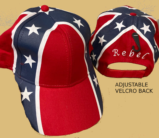 Battle Flag Printed Twill Cap, With Rebel on the back. Velcro Closure